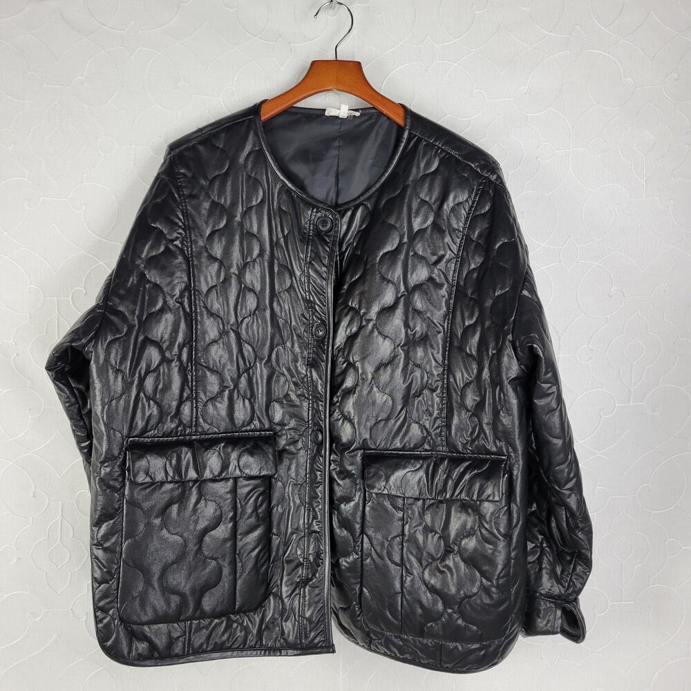 Mimosa Womens Jacket Size M Black PU Leather Quiltted Oversized Patch Pockets